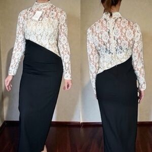 NWT Vintage formal maxi dress lace sleeve sequin pearl beads black ivory 4-6